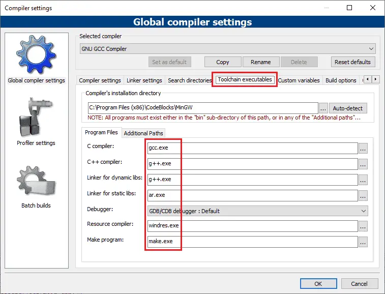 Code::Blocks compiler toolchain dialog