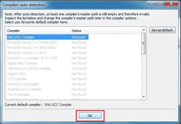Compilers Auto Detection dialog
