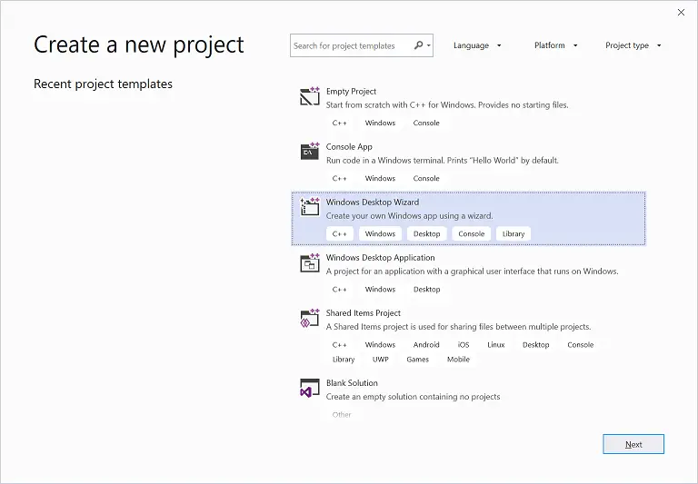 Visual Studio 2019 Create New Project dialog