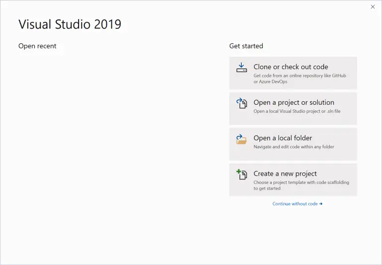 Visual Studio 2019 Get Started dialog